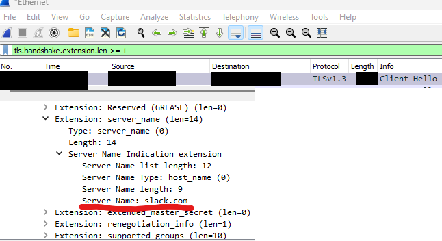 A Wireshark display view showing a TLS connection to Slack which exposes the hostname we connect to via the SNI field.